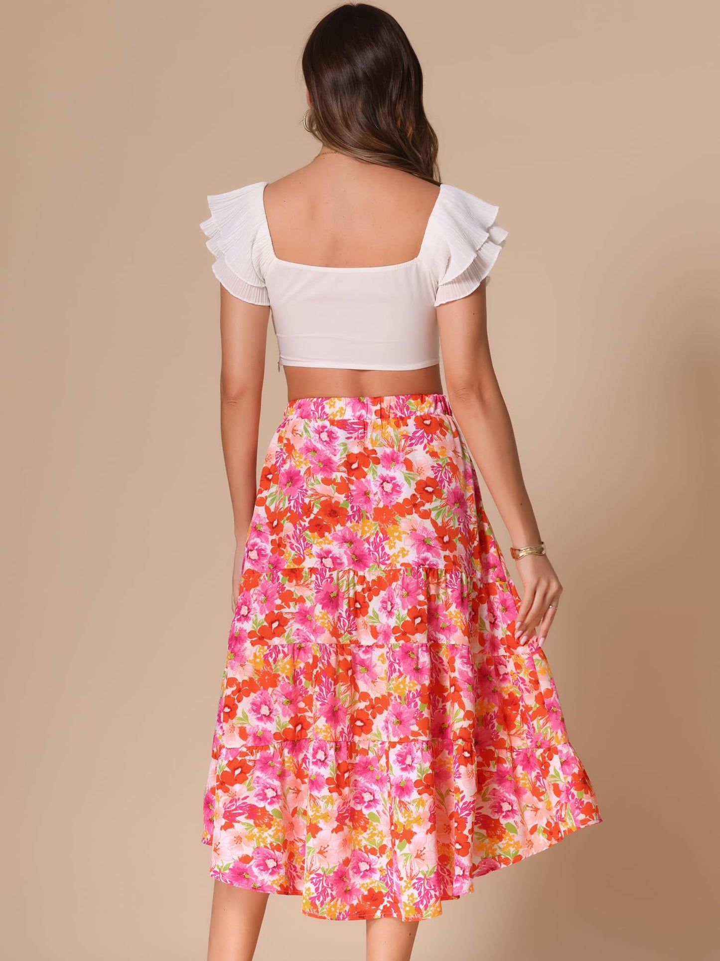 Women's Floral Midi Skirt Elastic Front Irregular Hem – Pink L
