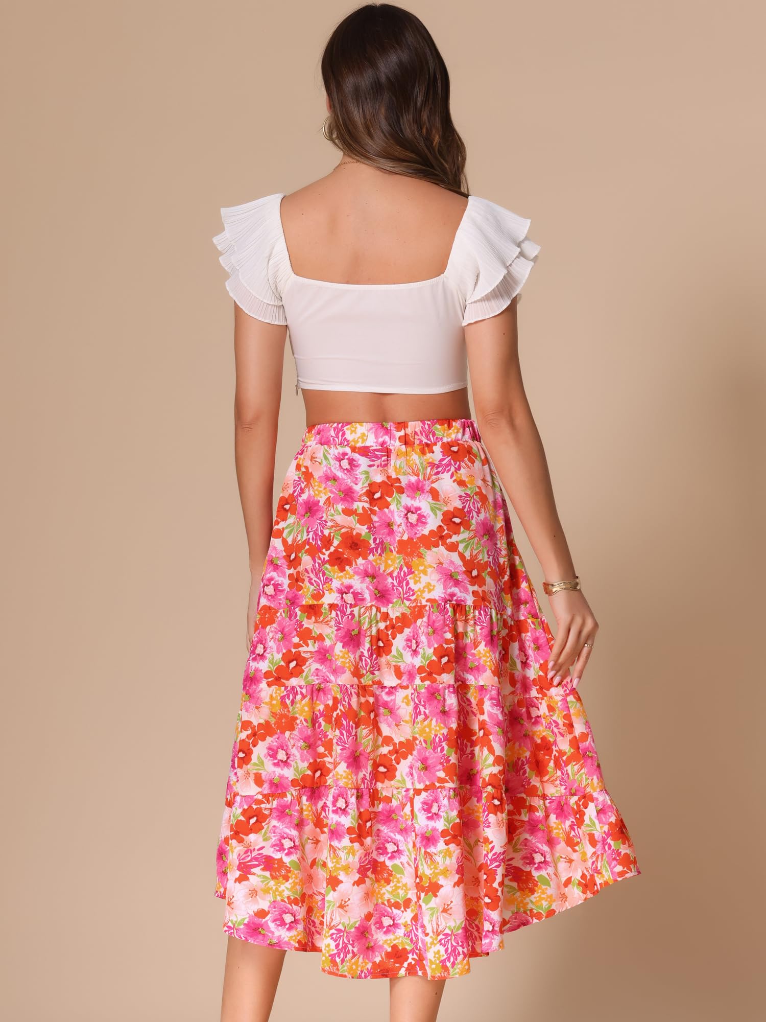 Women's Floral Midi Skirt Elastic Front Irregular Hem – Pink L
