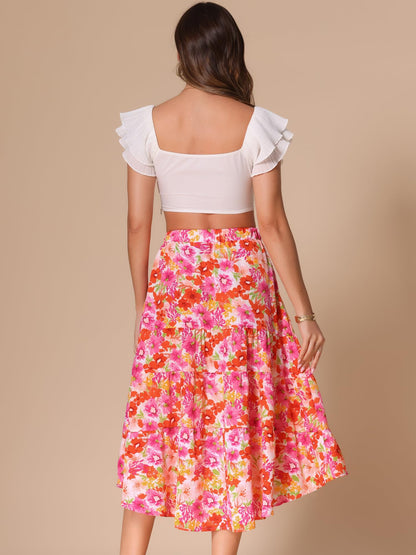Women's Floral Midi Skirt Elastic Front Irregular Hem – Pink L