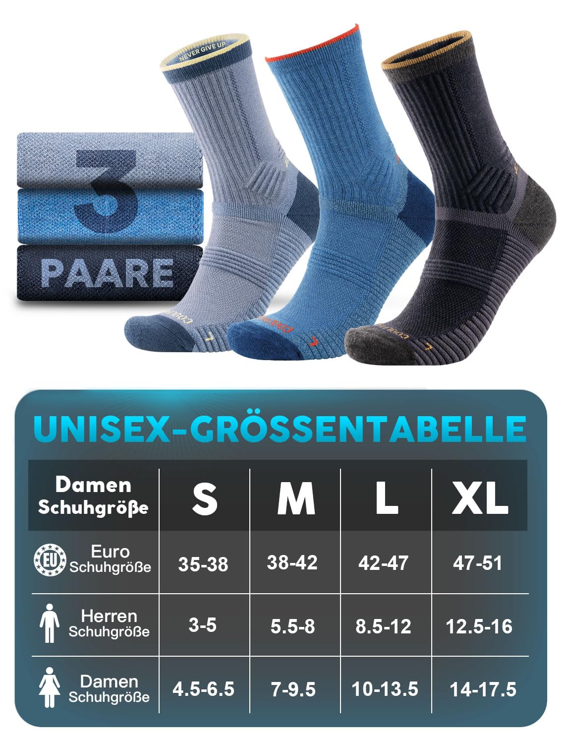 Men's Merino Wool Hiking Socks Compression Cushioned Breathable Anti-Sweat – Light Denim EU47-51