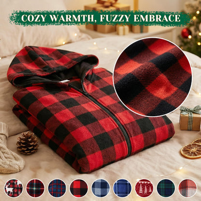 Women's Hooded Zip Onesie Pyjamas Plaid Christmas Matching Soft Warm Jumpsuit – Red-Green S