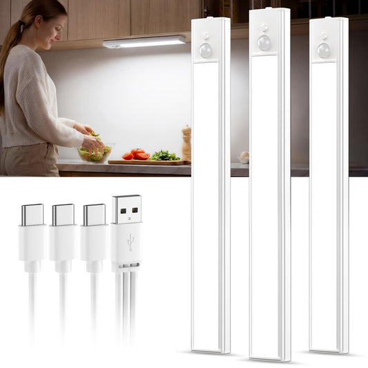 LED apgaismojums zem skapja, 3 gab. × 30 cm, ar kustību sensoru, uzlādējams, 1500 mAh, aptumšojams – auksti balts