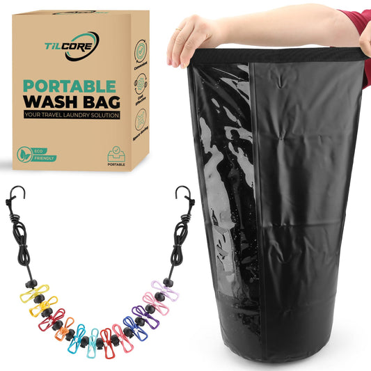 Travel Wash Bag & Retractable Clothesline - Camping Washing Machine - Durable Travel Washing Bag - Portable Manual Washing