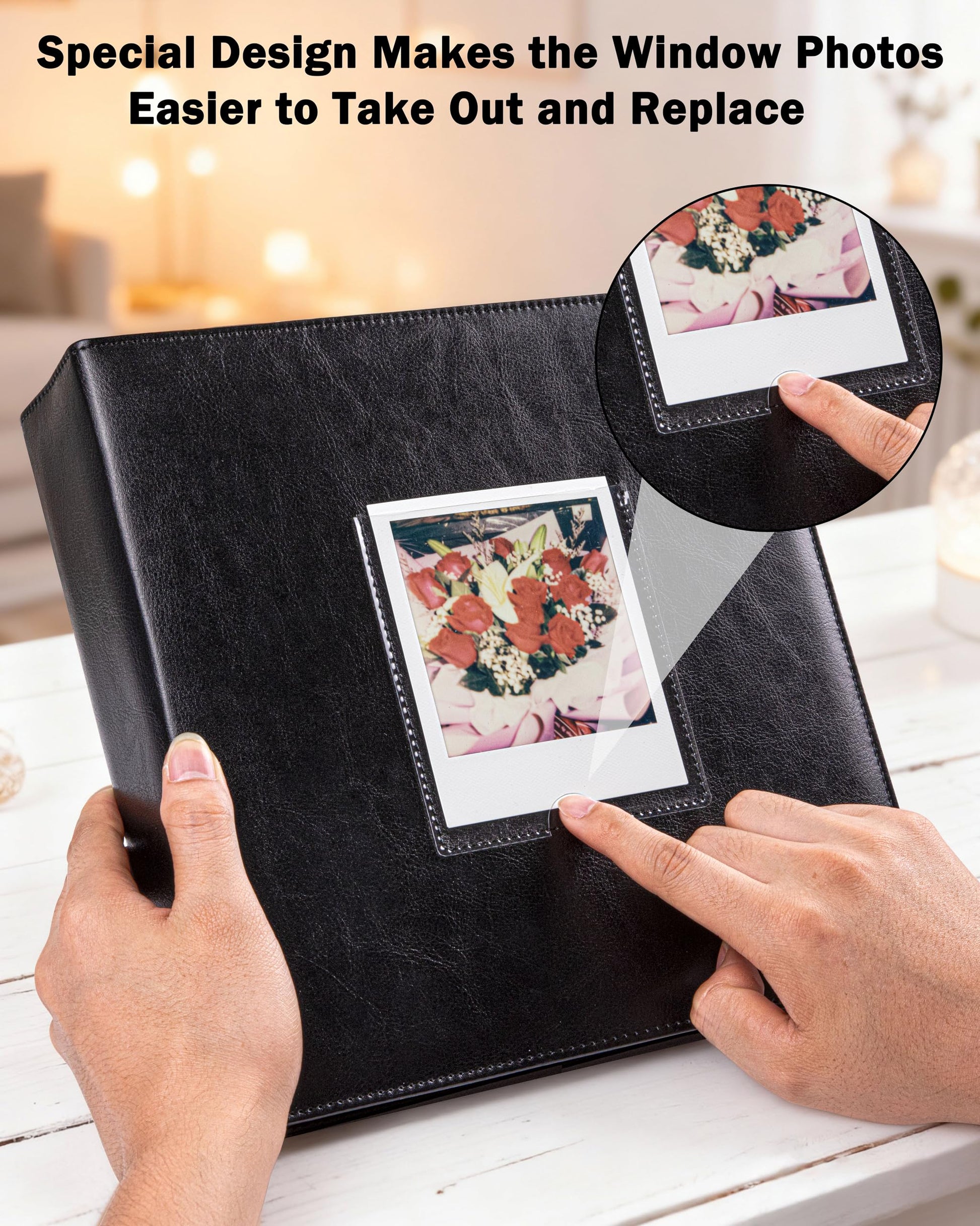 Photo Album 256-Pocket Compatible Polaroid/i-Type/600/SX-70 Vegan Leather Hardcover with Window – Black