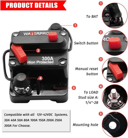 Gebildet 12V-42VDC (300A) Circuit Breaker 300Amp with Manual Reset Waterproof Inline Fuse Inverter for Marine Trolling Motor