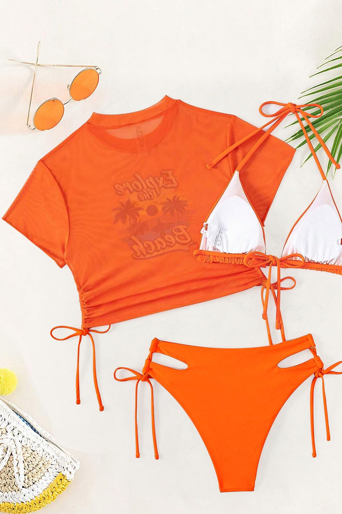 SHEKINI Women's 3 in 1 Bikini Swimsuit with Halter Tie & Mesh Sleeve – Orange L