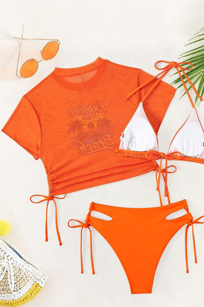 SHEKINI Women's 3 in 1 Bikini Swimsuit with Halter Tie & Mesh Sleeve – Orange L