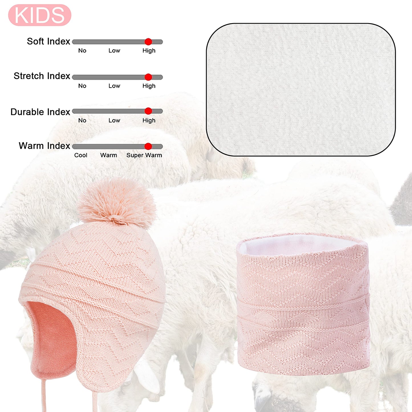 Kids Hat Scarf & Gloves Set Knitted Lined Pom-Pom Snood – Pink S