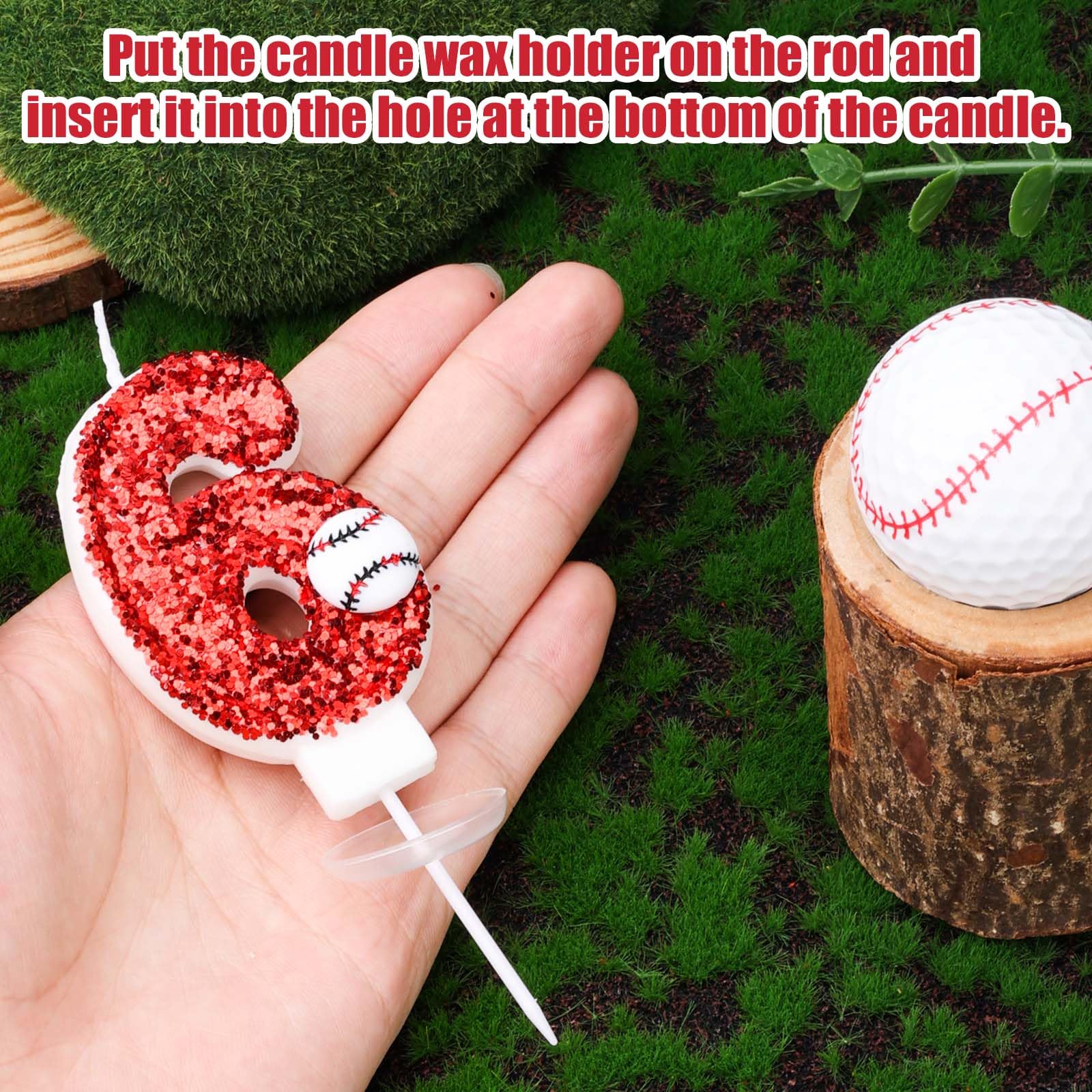 Baseball Birthday Number Candle, 7.5cm Glitter Happy Birthday Cake Topper Red Sequin Number Candle Sports Theme Baseball Cake