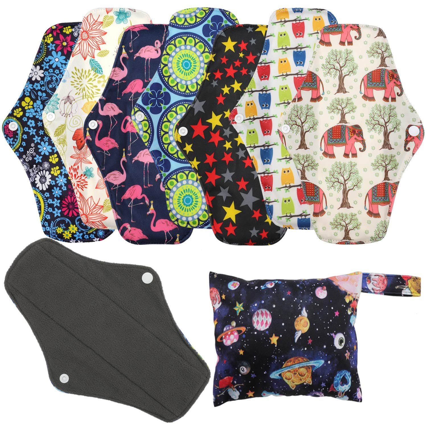 Reusable Sanitary Wipes Pads (7 in 1, 10 inch), Antibacterial Bamboo Panty Liners with Wet Bag, Heavy Flow Night Washable