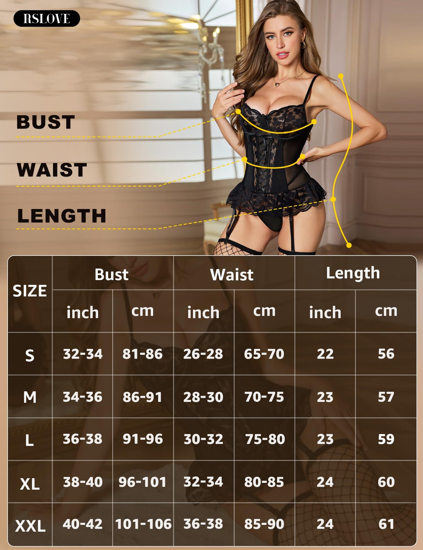 Women’s Lace Underwire Babydoll Lingerie Set with Garter Straps – Black S