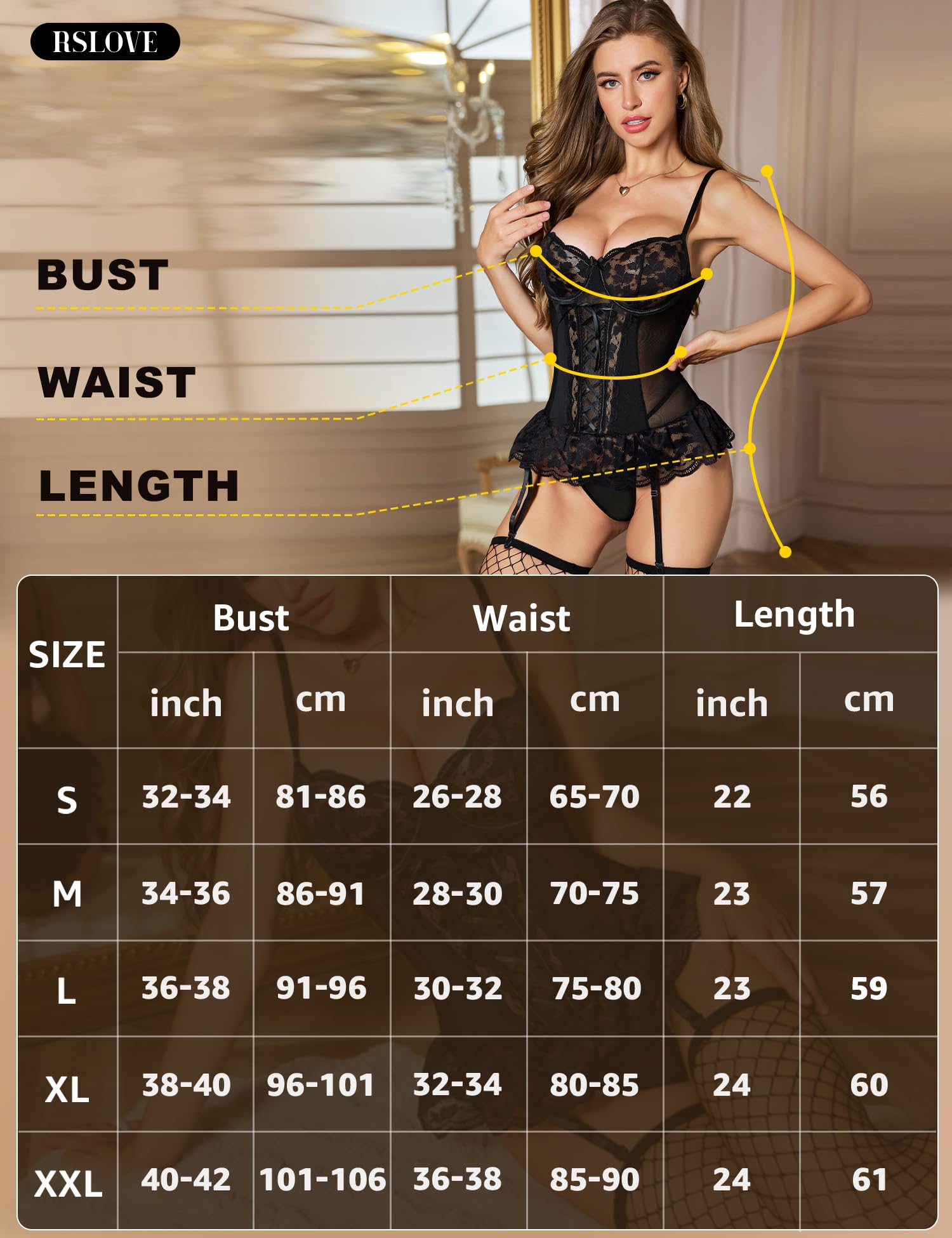 Women’s Lace Underwire Babydoll Lingerie Set with Garter Straps – Black S