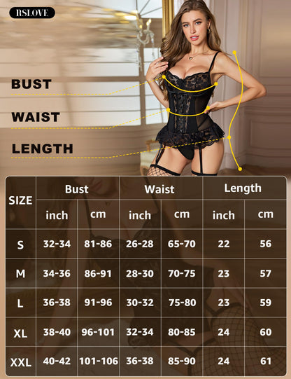Women’s Lace Underwire Babydoll Lingerie Set with Garter Straps – Black S