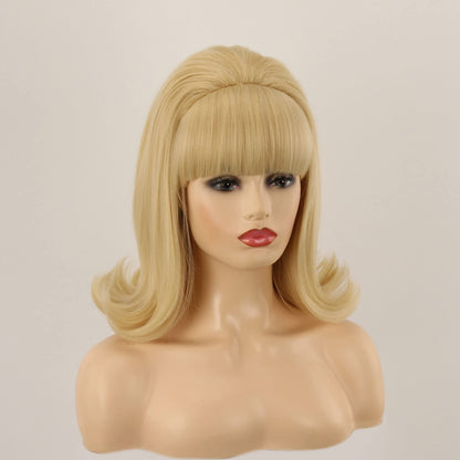 60s Wig | FVCENT Hippie Wig 70s Retro Beehive Style Vintage Look Flicked Beehive Bob Outward Wavy Wig with Bangs (Blonde)