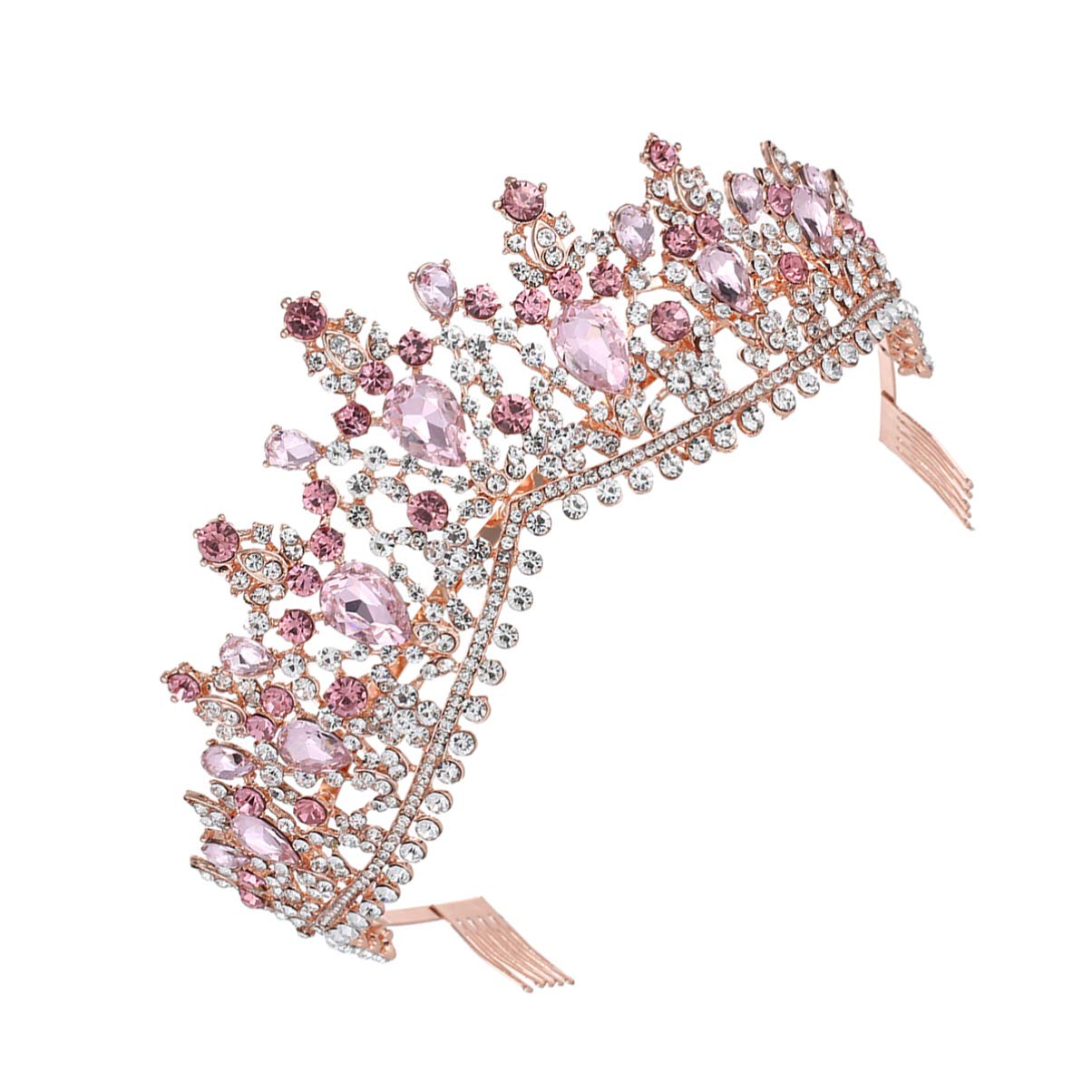 Crystal Tiara Comb Rhinestone Crown Headband for Bride Princess – Gold Pink