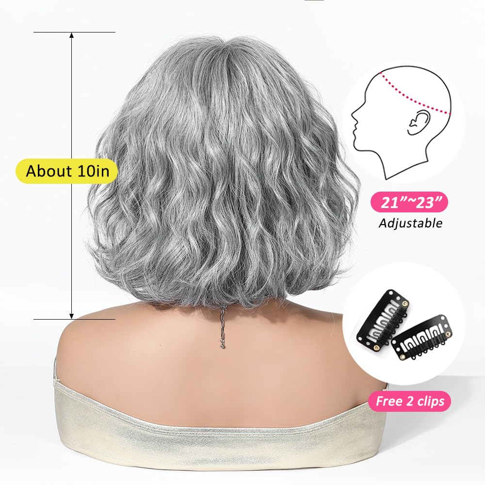 OUFEI Short Wavy Bob Wig Heat Resistant Synthetic Hair – Grey and White