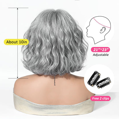 OUFEI Short Wavy Bob Wig Heat Resistant Synthetic Hair – Grey and White