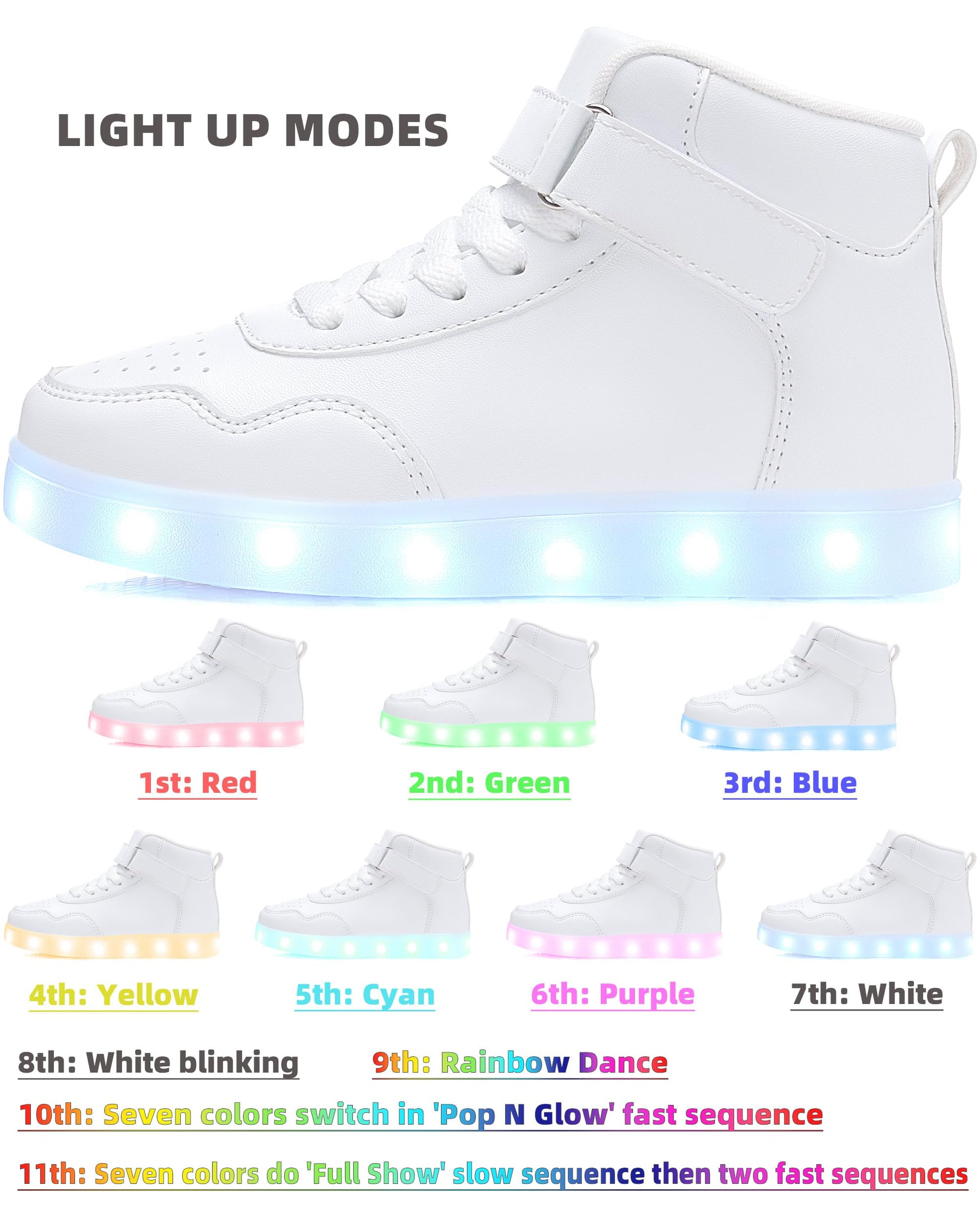 APTESOL Kids LED Light-Up High-Top Sneakers USB Rechargeable – White EU 38
