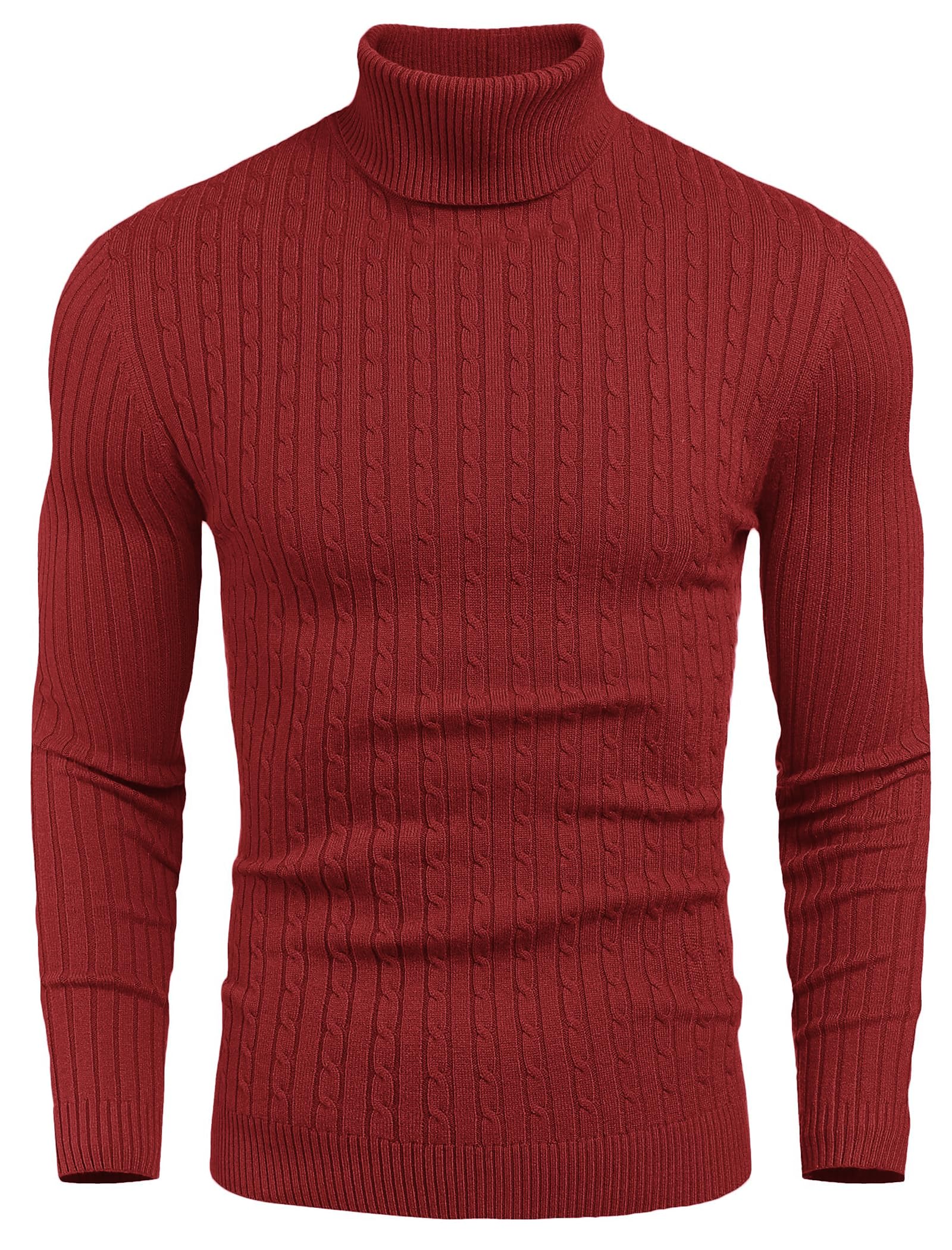 COOFANDY Men's Turtleneck Cable Knit Sweater Casual Long Sleeve – Red XXL