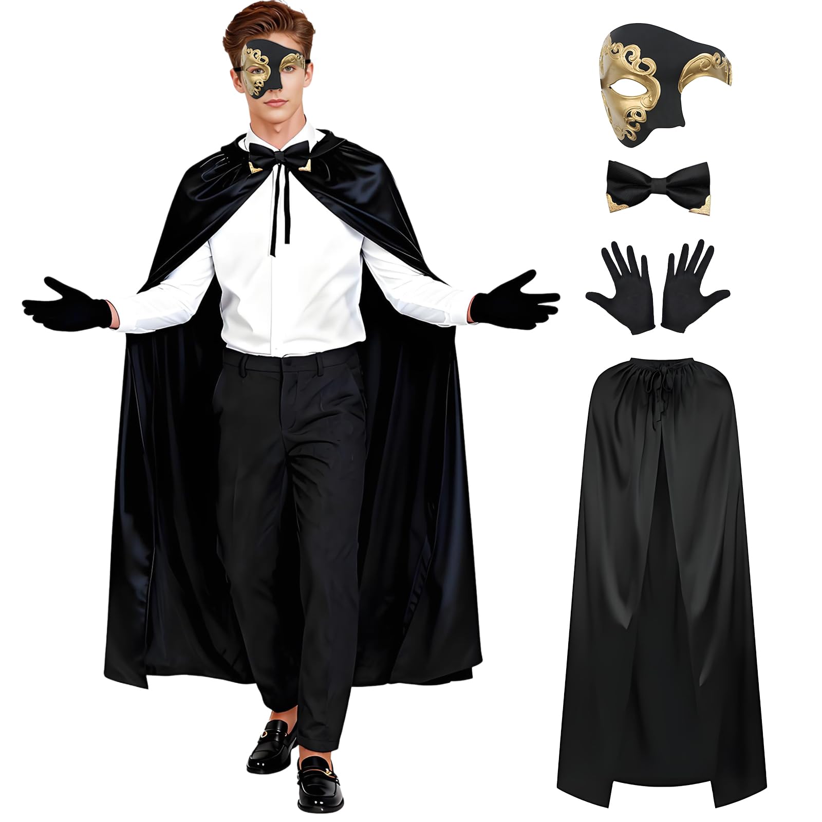 Adult Opera Carnival Costume Cape Venetian Masquerade Mask Gloves Bow Tie – One Size
