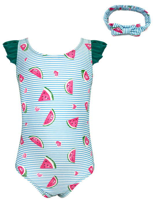 Girls' One-Piece Swimsuit with Headband Ruffled Printed Cute Swimwear for 2-7 Years – Watermelon 2-3 Years