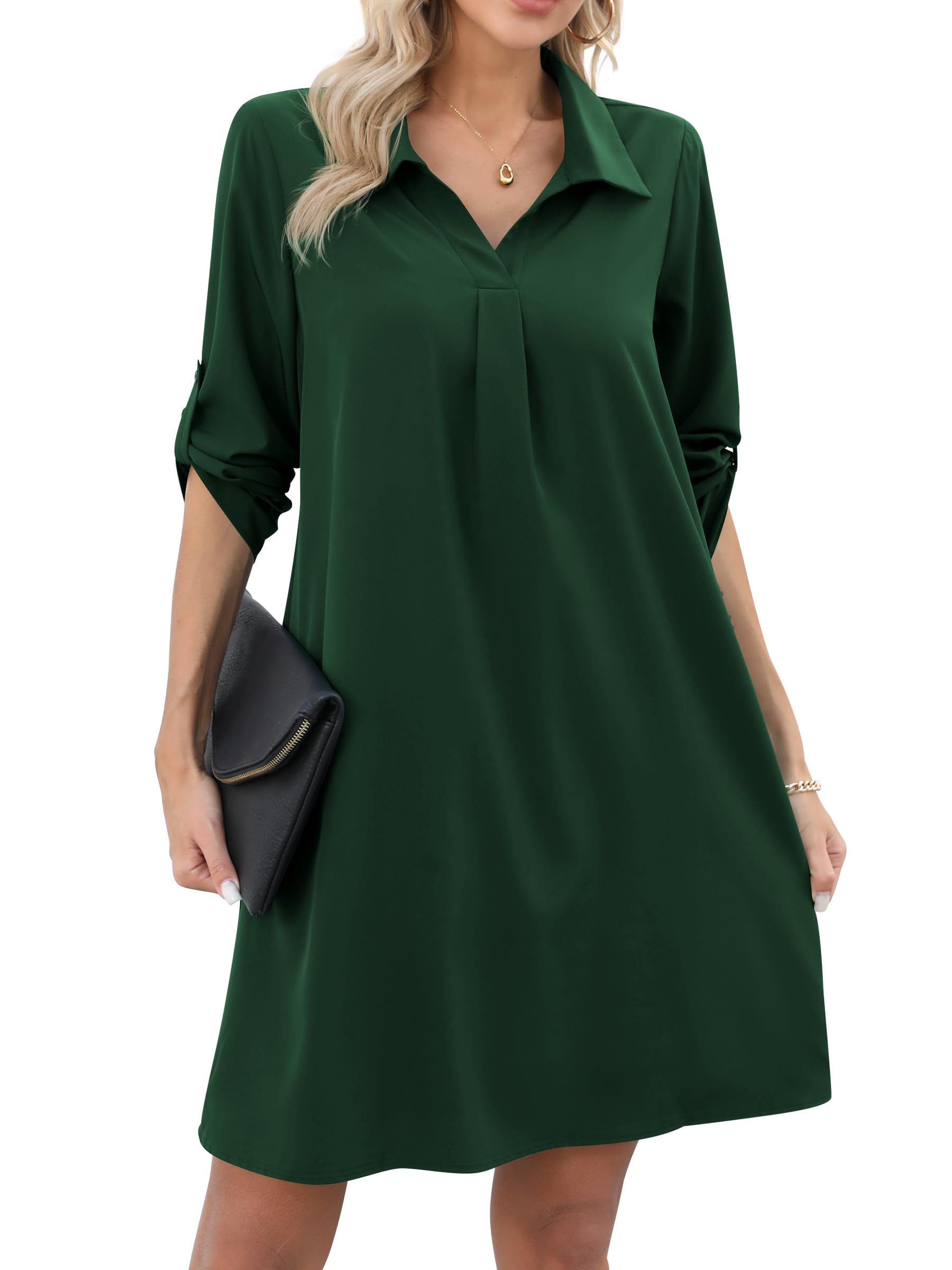 Women's Tunic Shirt Dress 3/4 Sleeve Loose Casual – Dark Green M