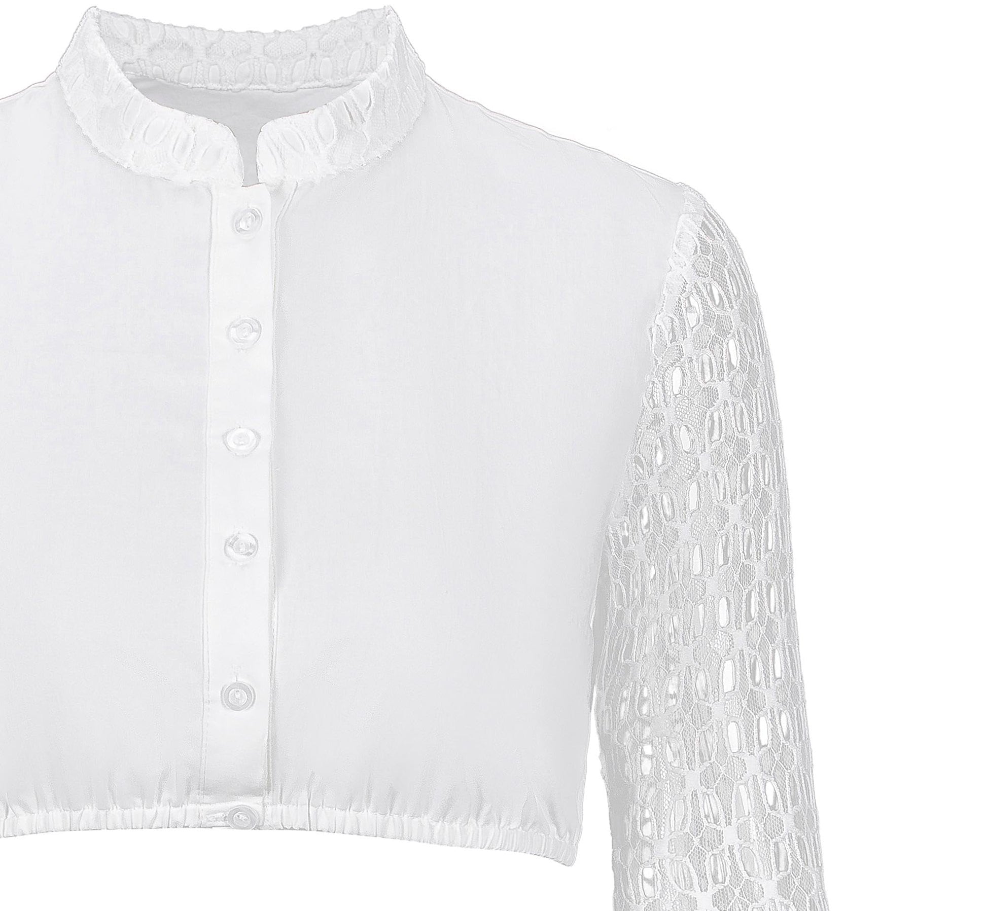 Dirndl Blouse Women's High-Neck Long-Sleeved Lace Cotton – White Beige Size 36