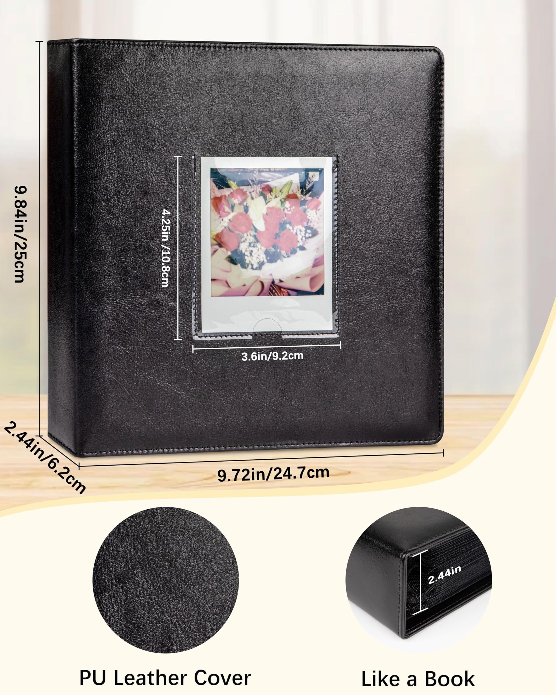Photo Album 256-Pocket Compatible Polaroid/i-Type/600/SX-70 Vegan Leather Hardcover with Window – Black
