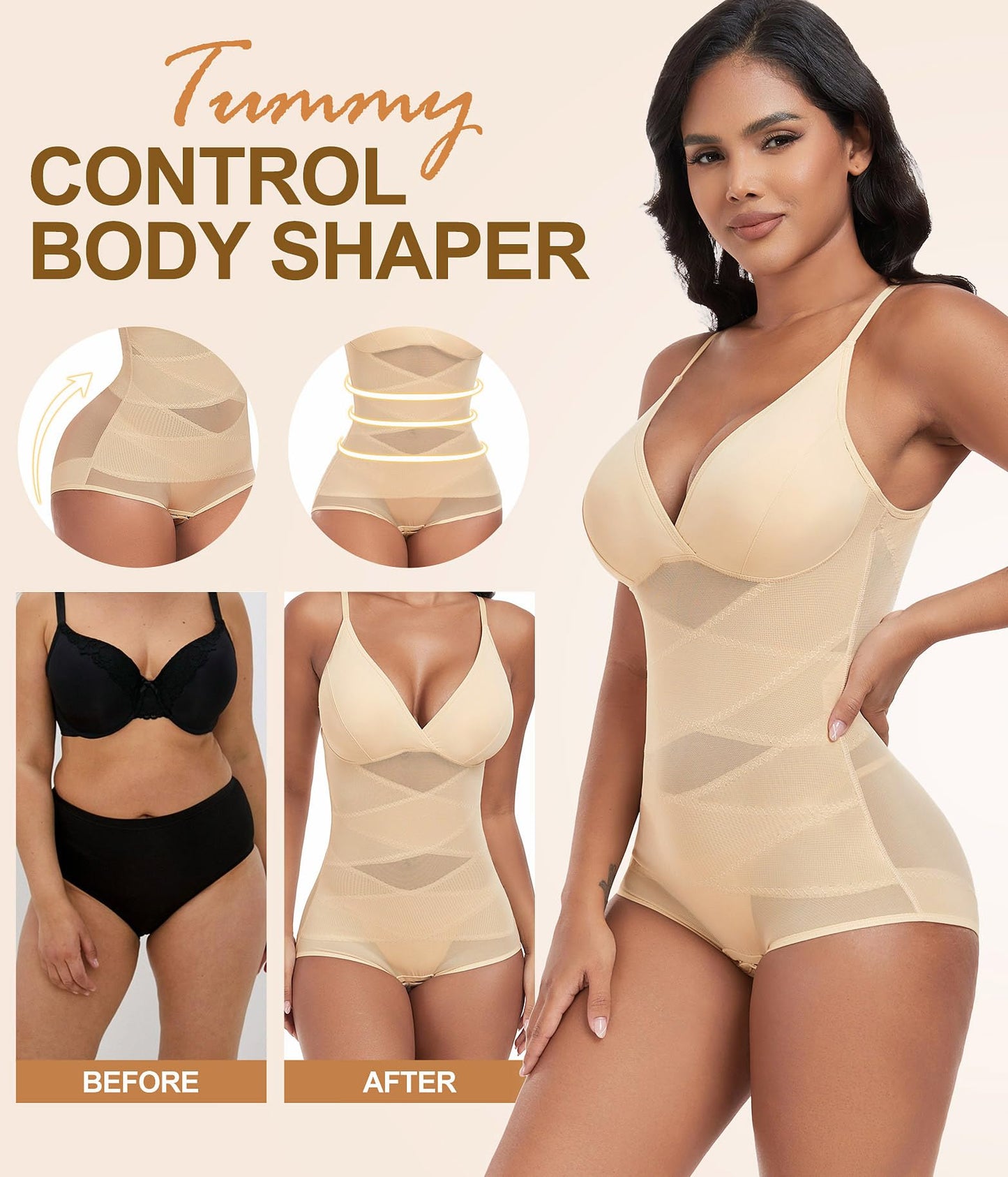 Women's Body Shaper Tummy Control Built-in Bra Breathable Shapewear Bodysuit – Skin S