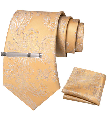 Men’s Paisley Tie Set with Tie Clip & Pocket Square – Grass Yellow/Apricot