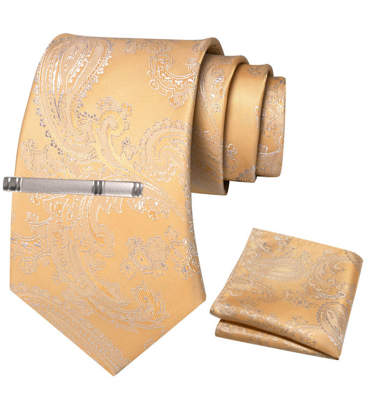 Men’s Paisley Tie Set with Tie Clip & Pocket Square – Grass Yellow/Apricot