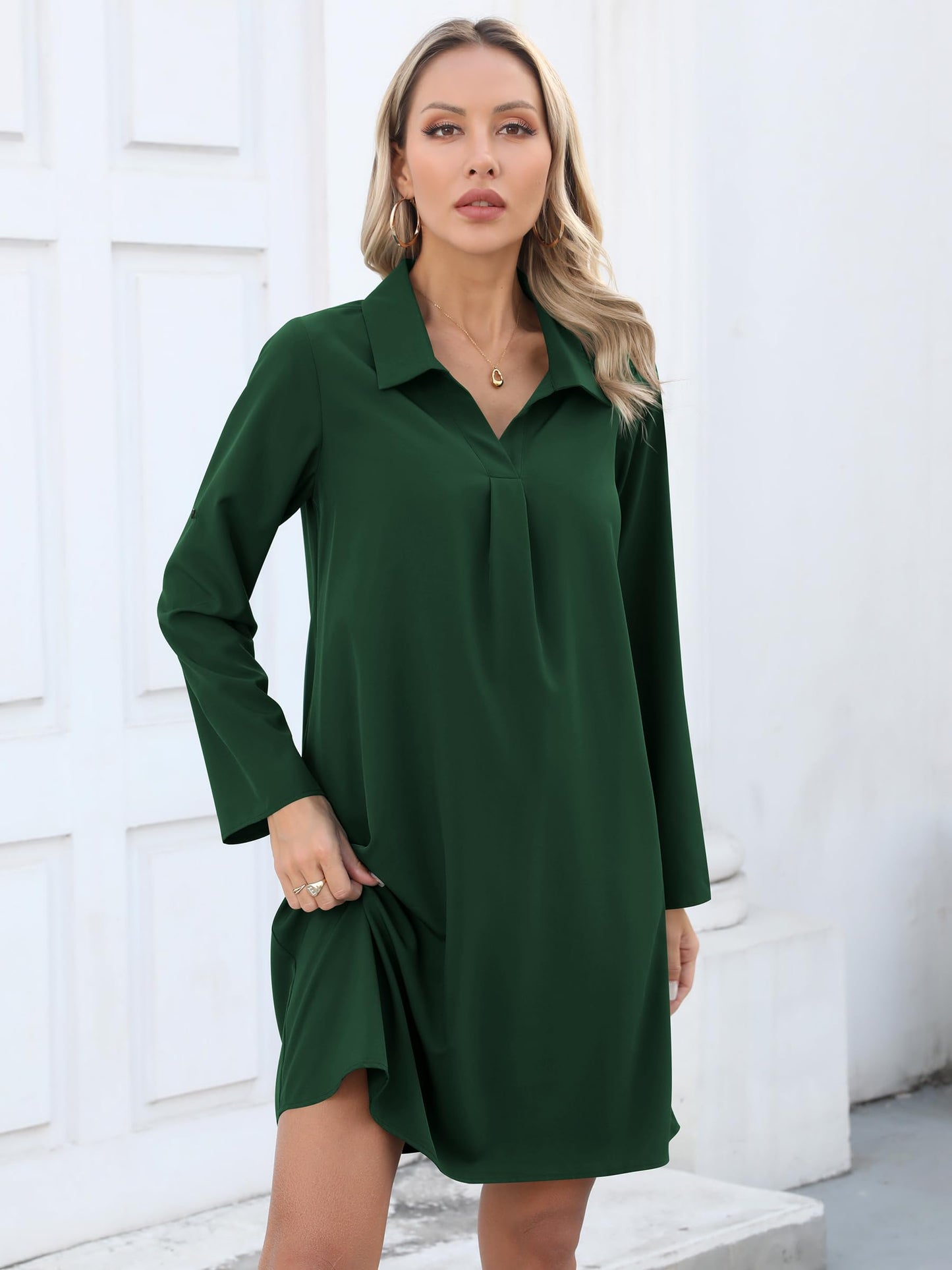 Women's Tunic Shirt Dress 3/4 Sleeve Loose Casual – Dark Green M