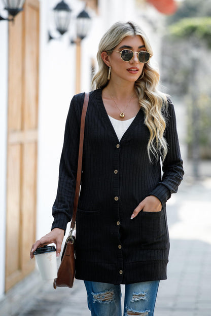 Women's Cardigan with Pockets Long Sleeve Open Front Knitted Sweater – Black XL