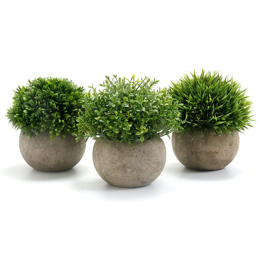 GoMaihe Artificial Plant 3 Pieces Artificial Plants with Grey Pot, 9.5 x 13 cm Indoor and Outdoor Plastic Fake Green Grass,