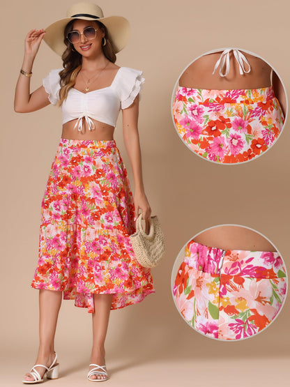 Women's Floral Midi Skirt Elastic Front Irregular Hem – Pink L