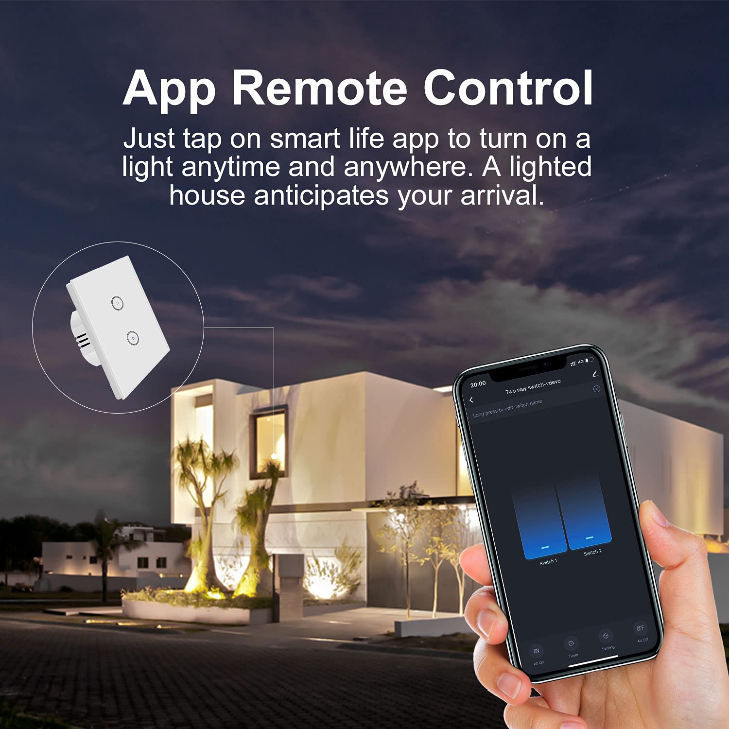 Smart Light Switch 2 Gang Wi-Fi Alexa & Google Compatible with Timer Function – White