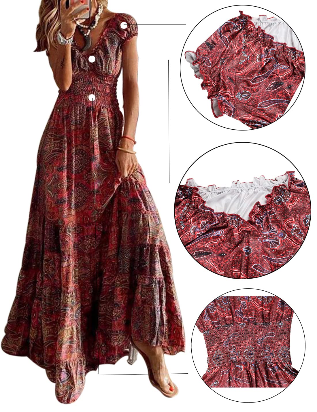 Women's Boho Maxi Dress V-Neck Floral Short Sleeve Beach Casual – Red L