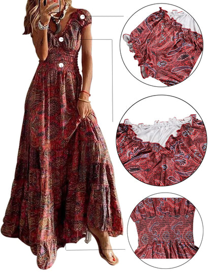 Women's Boho Maxi Dress V-Neck Floral Short Sleeve Beach Casual – Red L