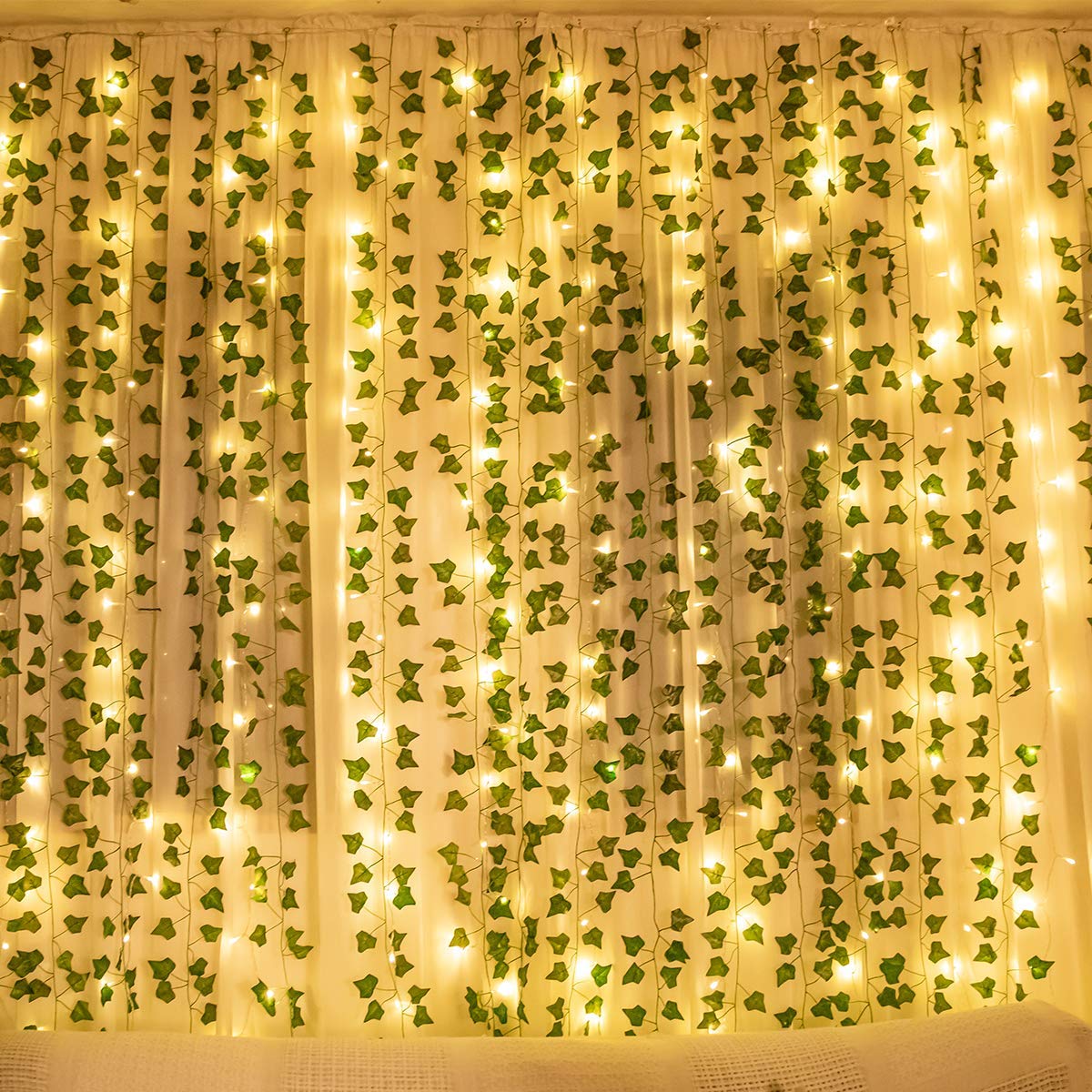 KASZOO 12 pieces artificial ivy garland ivy, artificial hanging ivy with 200 LED light, for wedding party garden apartment