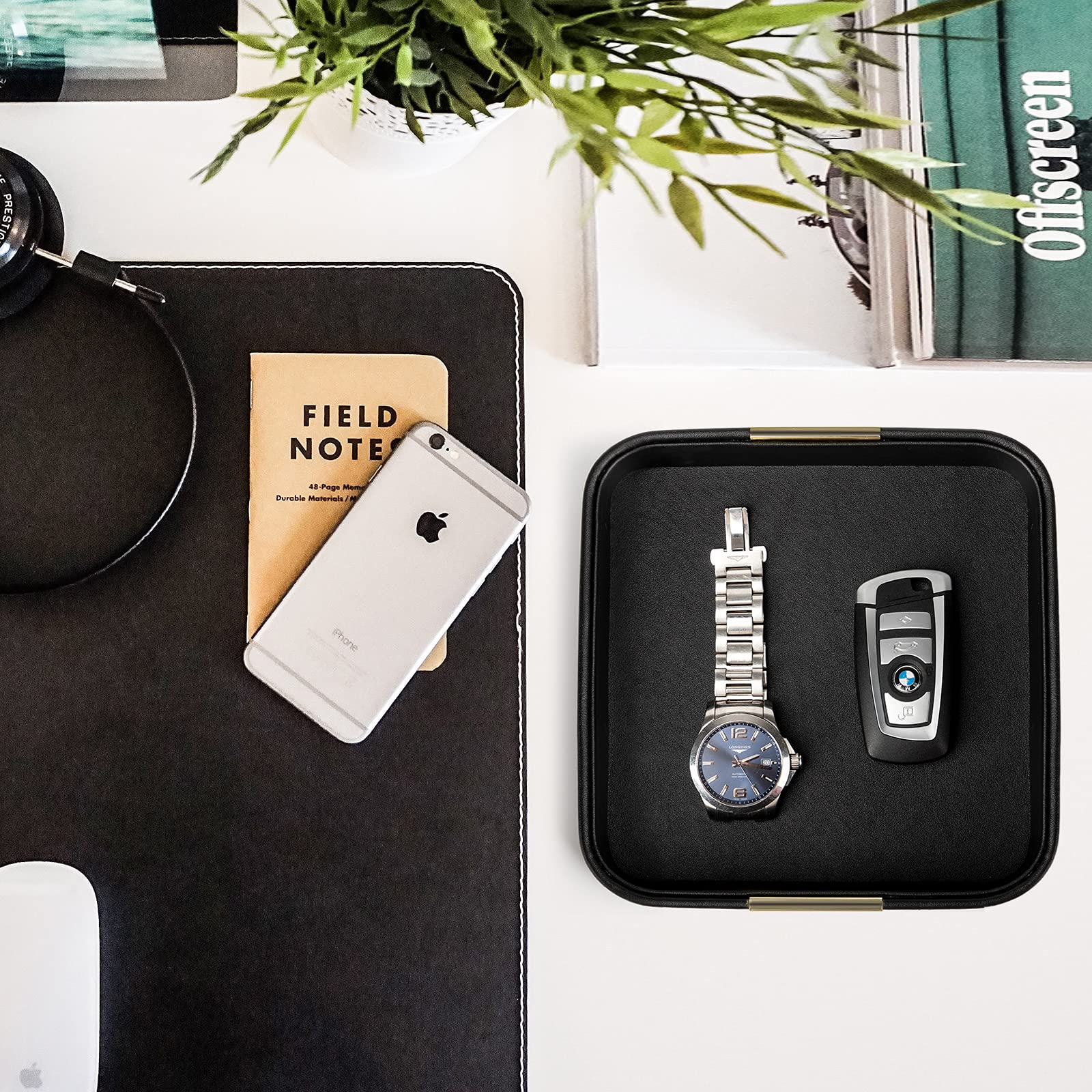 Luxury Leather Key & Valet Tray Gold Plated Metal Accent – Black