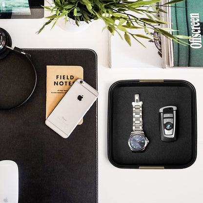 Luxury Leather Key & Valet Tray Gold Plated Metal Accent – Black