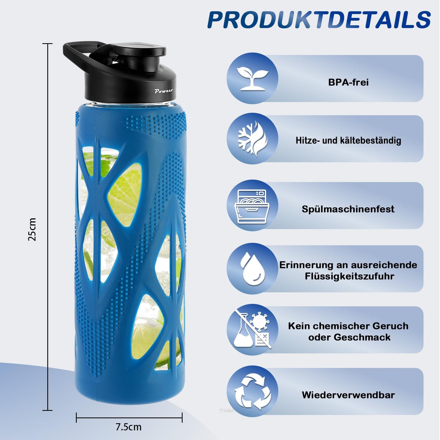 Borosilicate Glass Sports Bottle 700ml Shatterproof Leakproof with Sleeve – Red