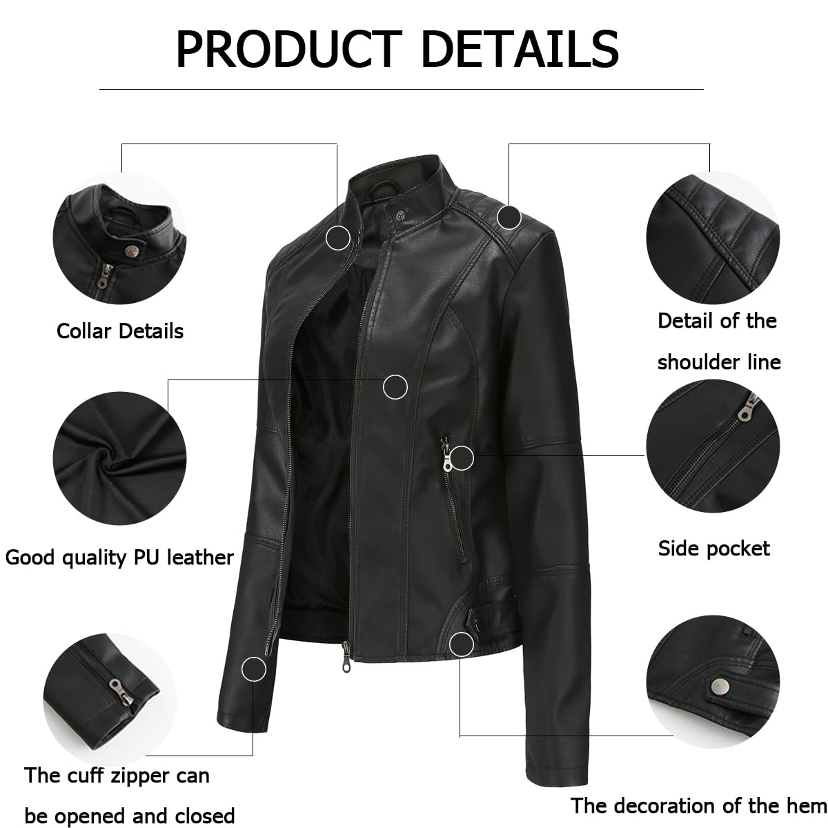 Women’s Faux Leather Short Biker Jacket PU Zipper – Black