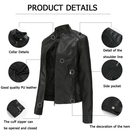 Women’s Faux Leather Short Biker Jacket PU Zipper – Black