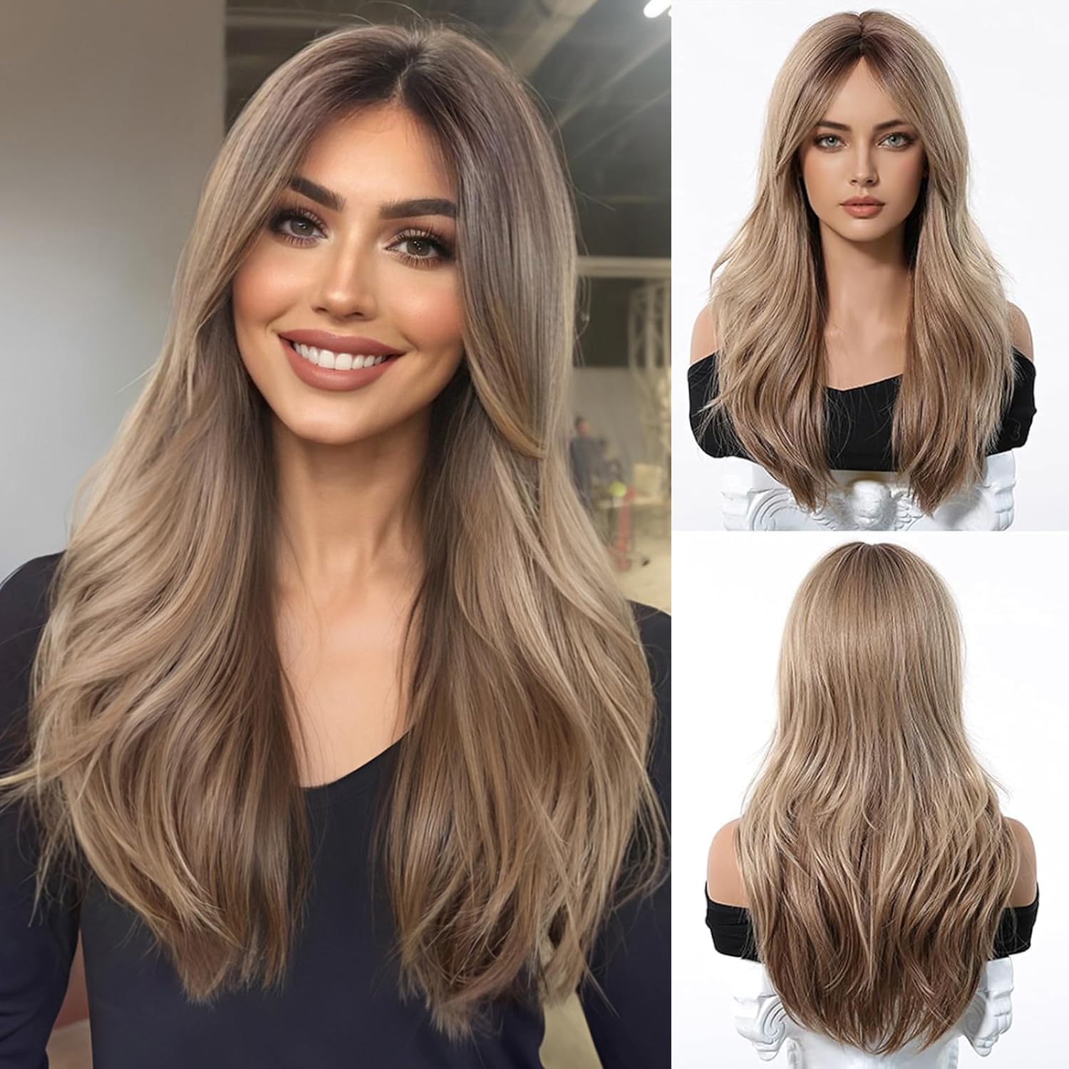 Straight Ombre Blonde Wig with Curtain Bangs Synthetic Hair – Daily Use Party
