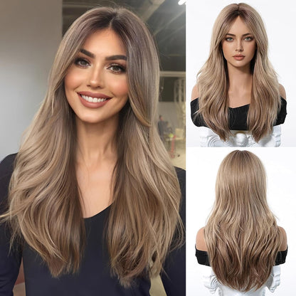 Straight Ombre Blonde Wig with Curtain Bangs Synthetic Hair – Daily Use Party