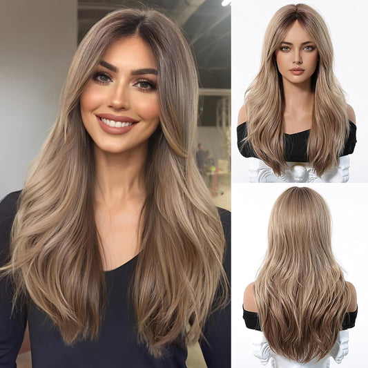 Straight Ombre Blonde Wig with Curtain Bangs Synthetic Hair – Daily Use Party