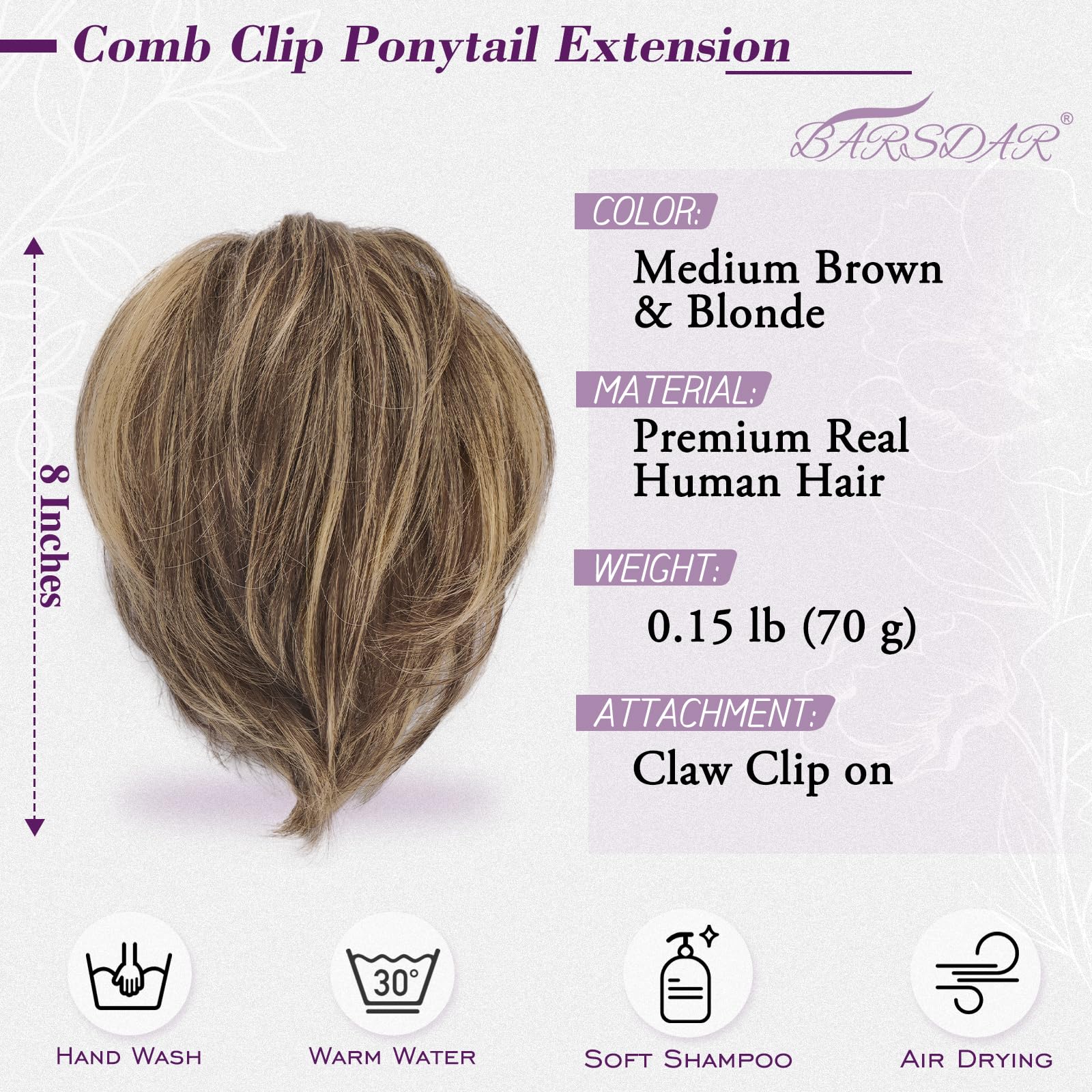 Short Hairpiece with Claw Clips Flexible Wires – Medium Brown Blonde 20cm