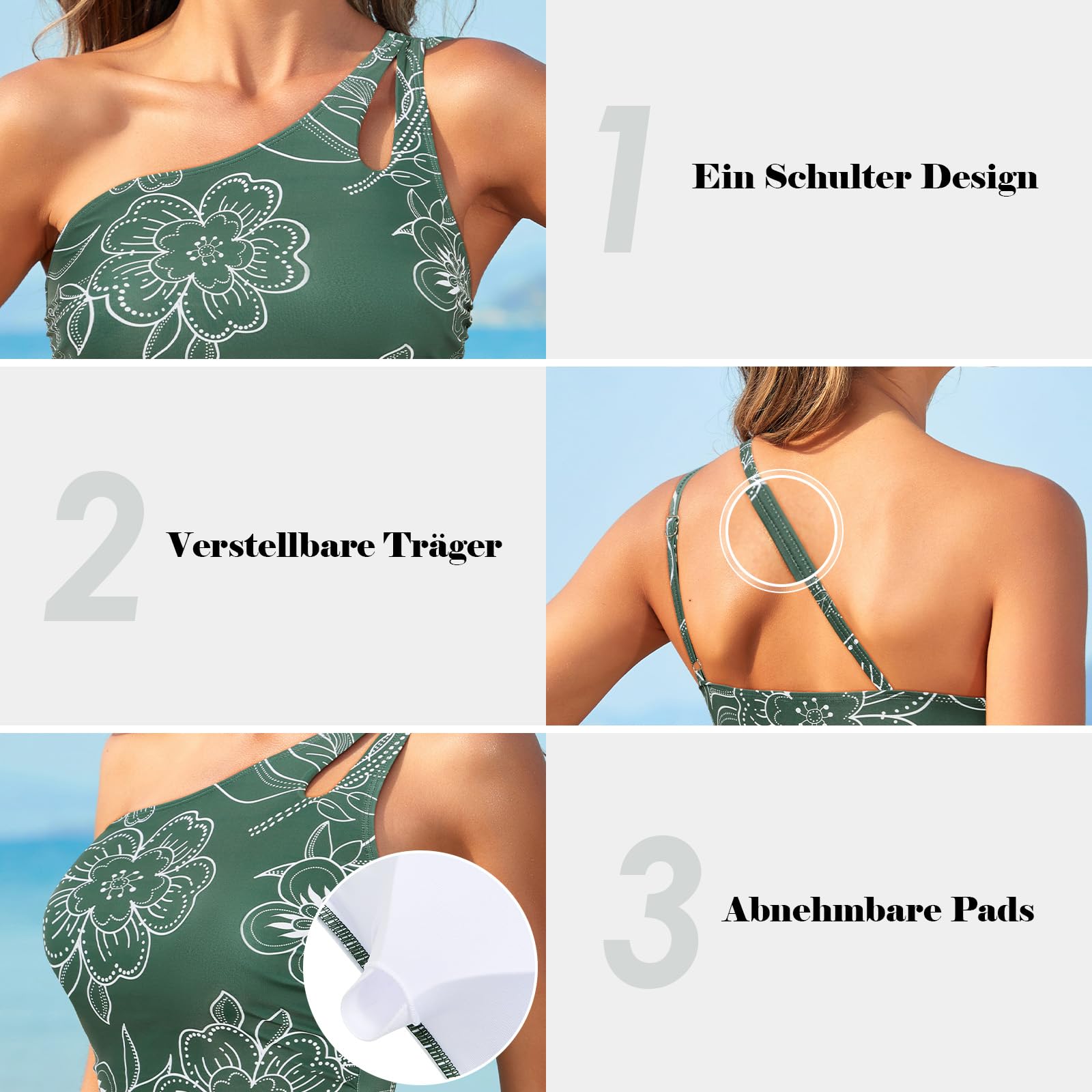 One-Shoulder Tummy Control Ruched One-Piece Swimsuit Cut-Out Backless Floral – M