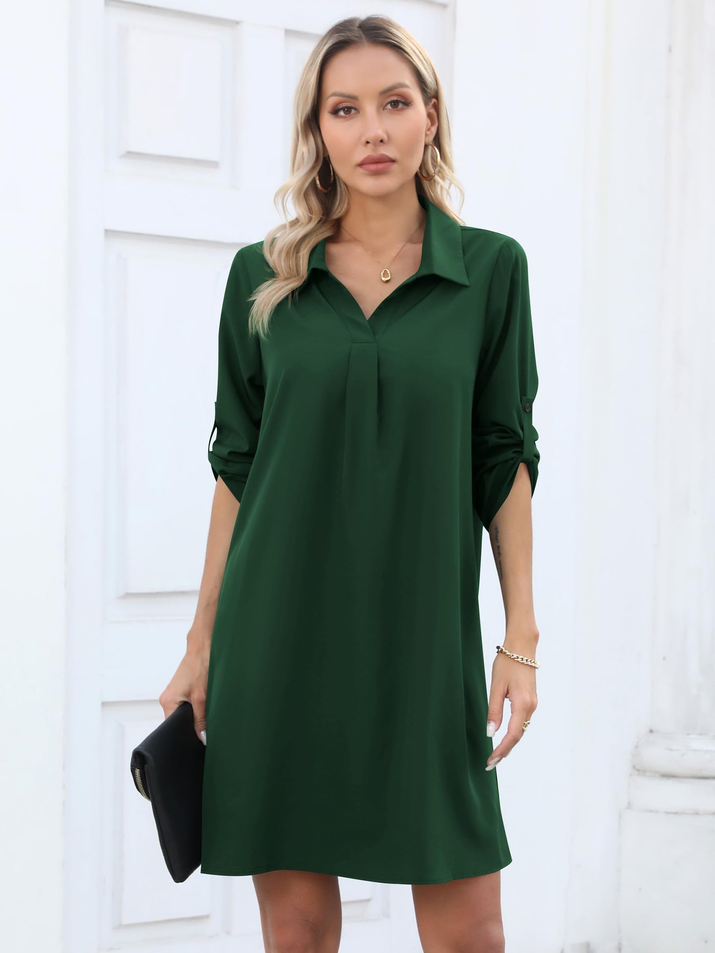 Women's Tunic Shirt Dress 3/4 Sleeve Loose Casual – Dark Green M